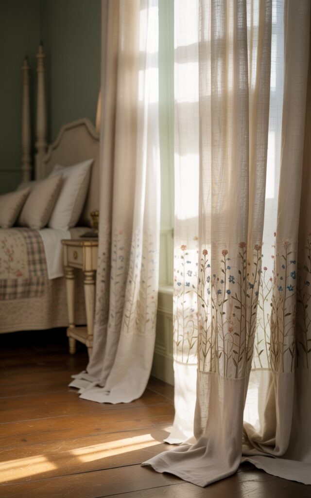 A photograph capturing a close-up view of flowing linen curtains in a traditional English countryside bedroom. The curtains, a layered combination of ivory sheer fabric and a subtly patterned floral design, gently diffuse soft morning sunlight. Delicate embroidered details of forget-me-nots and tiny roses adorn the fabric, while light streams through creating patterns on a polished oak floor visible beneath. In the softly blurred background, a glimpse of a four-poster bed with a patchwork quilt and antique side table complete the cozy, tranquil scene.