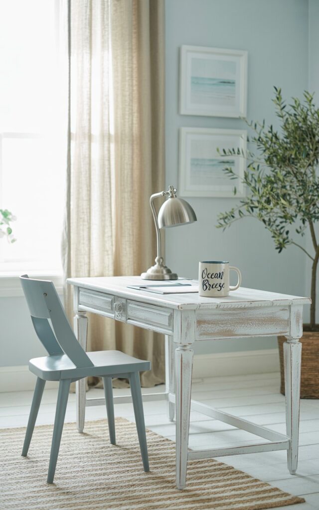 A photograph of a bright and airy home office bathed in soft, natural light. The main focus is a whitewashed wooden desk holding a silver desk lamp and a ceramic mug with the words "Ocean Breeze" in elegant script. A sleek, modern gray chair sits neatly in front of the desk, positioned against a backdrop of pale blue walls adorned with minimalist coastal artwork and complemented by linen curtains gently swaying in the breeze. A striped jute rug and a small potted olive tree complete the serene, ocean-inspired atmosphere, enhancing the calming and focused workspace.