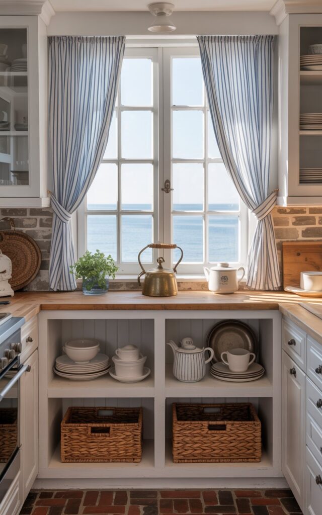 A photograph of a bright and airy kitchen blending coastal and rustic design elements. The kitchen features four open cubbies replacing traditional cabinets, displaying neatly arranged white ceramic dishes, woven seagrass baskets, and a vintage brass teapot. Whitewashed wooden countertops contrast with the natural stone backsplash, accented by soft blue and white striped curtains framing a window overlooking a calm ocean. Warm sunlight bathes the space, highlighting the organized and stylishly functional kitchen.