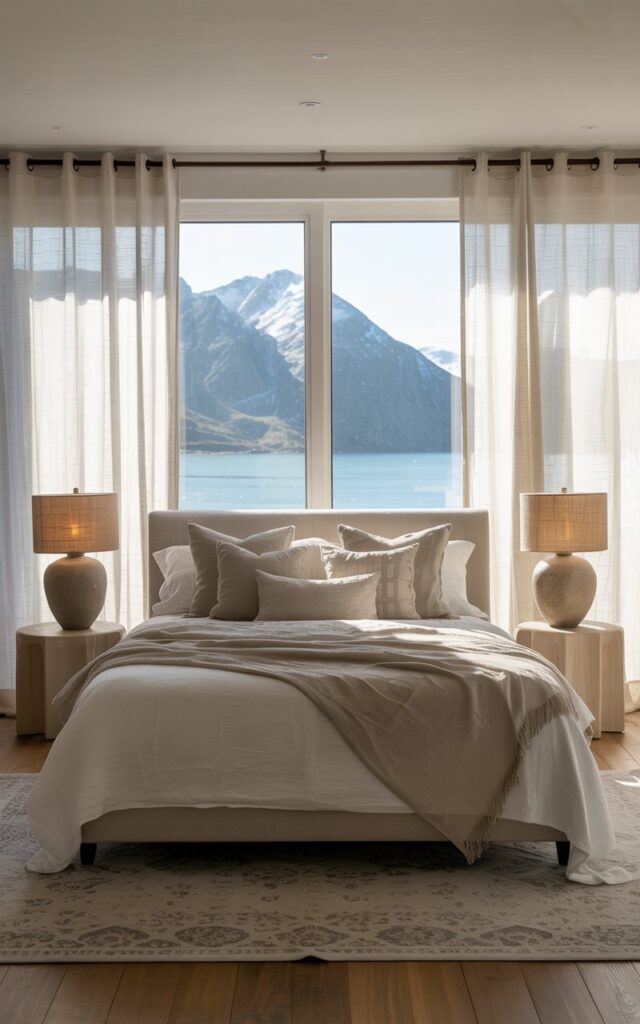 A photograph of a serene coastal-alpine chic modern bedroom with perfect symmetry. A king-sized bed, draped in layers of soft linen in shades of cream and grey, sits centered between two identical nightstands topped with minimalist ceramic lamps featuring woven linen shades. Large windows with flowing sheer curtains frame a view of snow-capped mountains meeting the turquoise sea, with soft morning light illuminating the hardwood floors and a plush, patterned rug beneath the bed. The room’s design evokes tranquility and understated luxury through its natural textures, muted tones, and balanced composition.