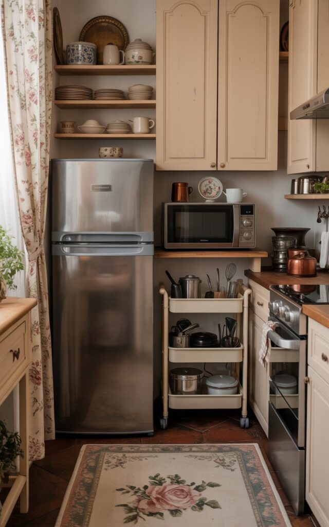 A rustic glam fully furnished kitchen featuring a sleek island with polished stone countertop and rustic wood cabinetry. Above the island hang 3-4 Colombe Burnished-Brass Globe Pendant Lights, glowing with warm ambient light that creates a cozy yet luxurious atmosphere. The kitchen blends rustic textures—like exposed wood beams and natural finishes—with glamorous touches such as brushed gold hardware, marble backsplash, and elegant bar stools. Open shelves, ceramic jars, and potted greenery complete the inviting, stylish space. Night time; only light from pendant lights.