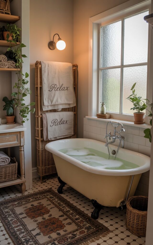A photograph of a charming cottagecore bathroom centered around a vintage, claw-foot bathtub filled with warm, bubbly water. A slender, cream-colored wall-mounted heater sits discreetly beside the tub, with soft, folded linen towels artfully draped over a nearby wicker towel rack, displaying the words "Relax" embroidered in delicate script. The bathroom features open wooden shelving filled with potted plants and rolled-up towels, alongside a small vanity with a porcelain sink and a patterned rug adding warmth to the tile floor. Natural light streams through a frosted window, casting a gentle glow on the room's cozy and inviting atmosphere.