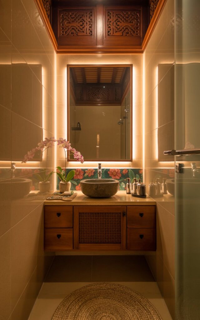 A photograph of a compact Balinese bathroom centered around a sleek vanity with a floral backsplash. The vanity features a stone countertop and wooden accents, topped with various toiletries and a small vase of orchids. Above the vanity, a mirror is framed by warm LED lighting, reflecting onto the smooth tile walls and creating a cozy atmosphere, while intricate wood carvings adorn the walls and a woven rug sits on the floor. The room is softly lit with warm ambient light, enhancing the luxurious and intimate feel of the small space.