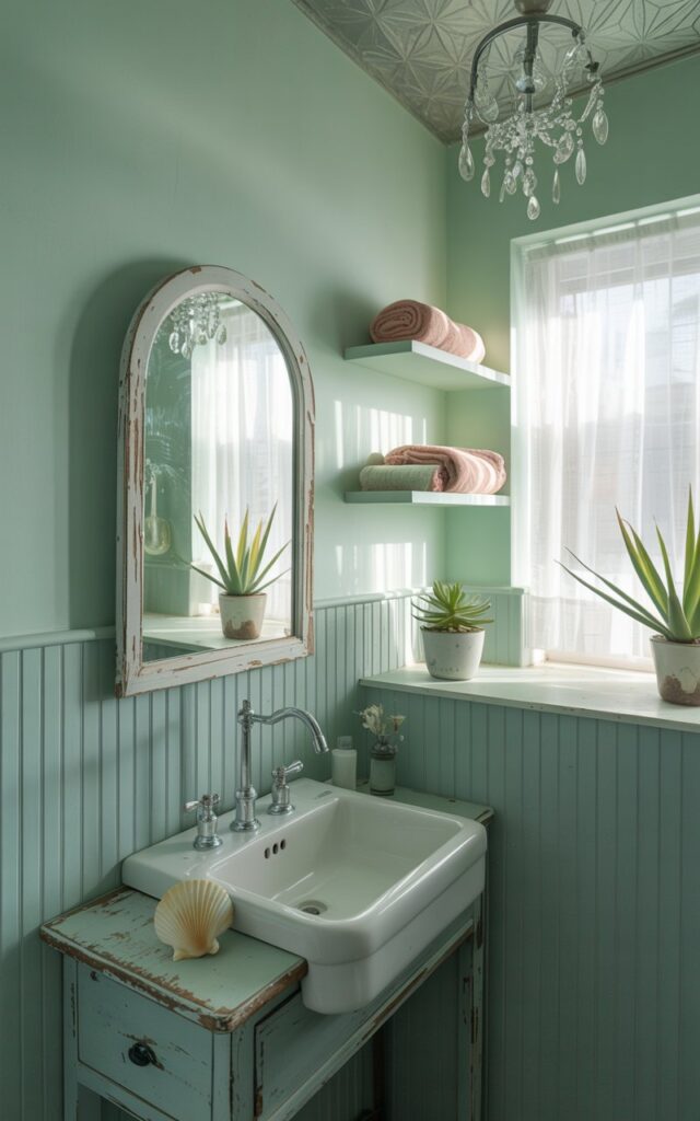 A photograph of a quaint, tiny coastal bathroom with a calming sea green and soft blue vertically striped wall. A vintage porcelain sink with chrome fixtures sits atop a weathered wooden vanity, and a small, arched mirror hangs above it; a delicate seashell rests on the vanity. Sunlight streams through a sheer white curtained window, illuminating open shelves displaying rolled towels and potted succulents while a crystal chandelier dangles from the intricately patterned ceiling above. Soft, ambient lighting emphasizes the room's serene coastal vibe and creates an airy, charming atmosphere.