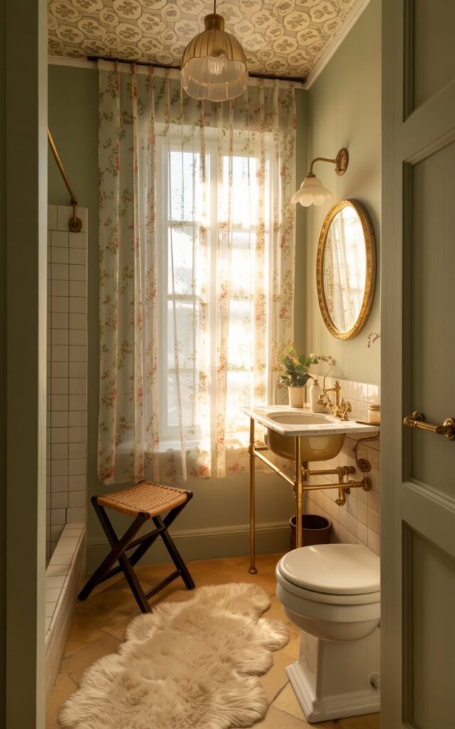 A photograph of a quaint, compact bathroom bathed in the soft glow of natural light filtering through a sheer, floral-patterned curtained window. A small, antique-style foldable stool with a woven seat sits invitingly next to a fully furnished vanity featuring a vintage porcelain sink and a gilded mirror. The room also includes a classic white toilet and a tiled shower area, all softened by a plush, cream-colored floor rug and a delicate pendant light fixture hanging from the intricately patterned ceiling. The overall scene exudes a cozy cottagecore charm, accented by antique brass fixtures and pale sage green walls.