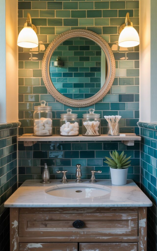 A photograph of a quaint, compact countryside bathroom centered around a rustic wooden vanity. The vanity features a creamy white marble top, and a ledge above it displaying three clear glass jars neatly filled with luxurious lotions, fluffy cotton balls, and pristine Q-tips. The wall behind the vanity boasts a stunning sea green zellige tiled backsplash, complemented by a round antique mirror and two softly glowing sconces, bathing the scene in a warm, inviting light. A small potted succulent sits on the vanity adding a touch of greenery to the charming, well-kept space.