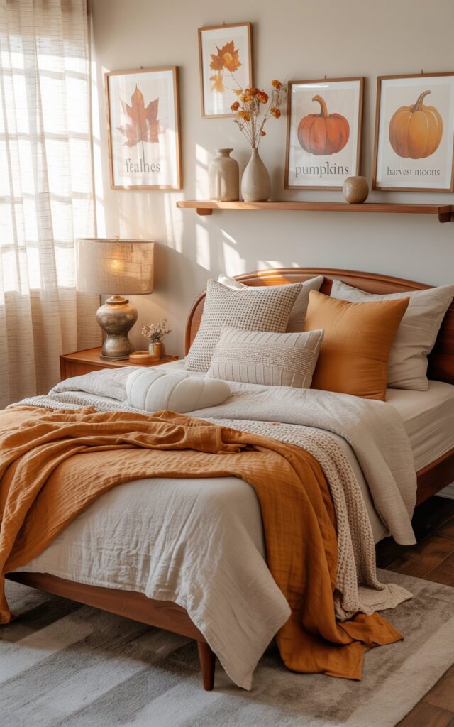 A photograph of a cozy bedroom showcasing a mid-century modern bed as its central focus. The bed is draped with layered linens in warm cream and burnt orange tones, accented with a chunky knit throw and several textured pillows, and a small nightstand with a vintage lamp featuring a linen shade sits beside it. Framed prints featuring "falling leaves", "pumpkins", and "harvest moons" adorn the walls alongside a minimalist wooden shelf holding ceramic vases and dried flowers. Soft natural light streams through sheer linen curtains, creating a refreshed and inviting atmosphere, gently illuminating the room's curated décor and highlighting the blend of cottagecore charm and mid-century modern style.