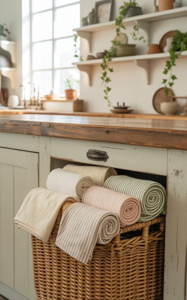 A photograph of a charming countryside-meets-modern Boho kitchen, with a focus on a woven basket nestled beneath a weathered wooden vanity. The basket is brimming with neatly rolled, striped dish towels in shades of cream, blush pink, and olive green, displaying a visually appealing organized storage solution. The kitchen features open shelves displaying handcrafted ceramics and trailing ivy, while a rustic wooden countertop provides a warm contrast to the clean white walls. Soft, diffused natural light streams through a nearby window, highlighting the textures of the textiles and creating a cozy, inviting atmosphere.