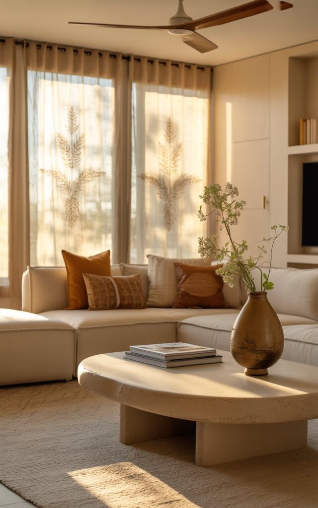 A photograph of a modern living room bathed in the warm glow of a gentle morning sunlight, centered around a plush, cream-colored sectional sofa. The sofa is adorned with several patterned throw pillows in earthy tones, facing a textured, ivory-colored rug and a low-slung, rustic coffee table holding a stack of design magazines and a ceramic vase with delicate white flowers. Sheer linen drapes with embroidered floral patterns hang over large windows, while a built-in bookshelf and a sleek, mounted television subtly enhance the space, complemented by the soft whir of a modern ceiling fan overhead.
