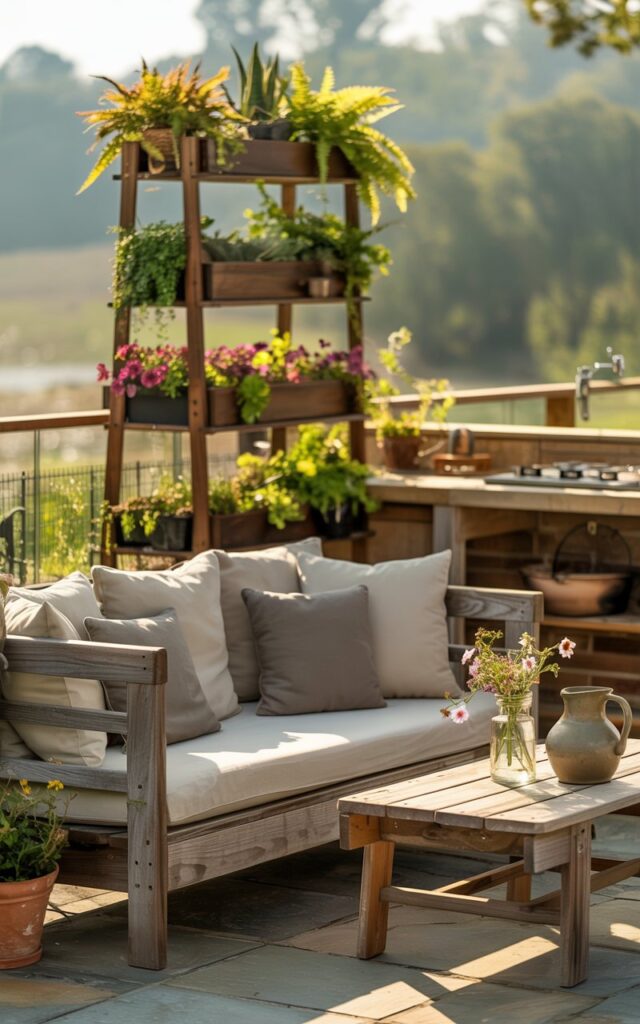 A photograph of a rustic outdoor patio lounge area bathed in warm sunlight. A comfortable, weathered wooden lounge sofa with linen cushions in shades of cream and gray sits centered, facing a small stone coffee table holding a ceramic pitcher and a few wildflowers in a mason jar. A five-tier plant stand overflowing with a variety of ferns, succulents, and vibrant petunias creates a lush backdrop, while a nearby outdoor cooking station with a stone countertop adds a touch of functionality to the scene. The surrounding countryside is softly blurred, evoking a sense of peaceful retreat and natural beauty.