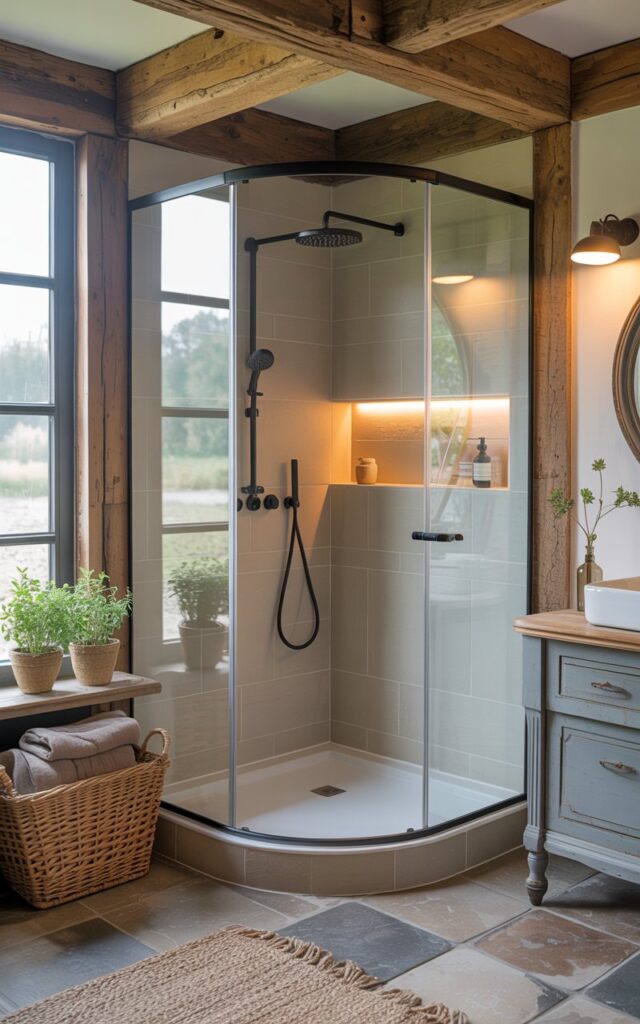 A photograph of a serene countryside-style bathroom, with a corner shower enclosure being the primary focus. The clear glass panels of the shower reveal a minimalist interior featuring a rainfall showerhead and recessed shelves with warm LED lighting, all set against a backdrop of rustic wooden beams and stone tiles. Outside the shower, a vintage-style vanity sits beneath a circular mirror, complemented by a woven wicker basket holding folded towels and simple shelving holding potted herbs. Soft morning light streams through a large window, illuminating the cozy floor rug and creating a fresh, inviting atmosphere.