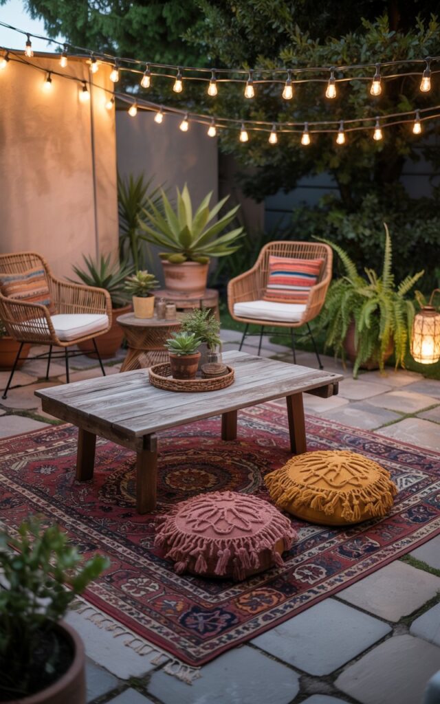 A photograph of a tranquil Boho-style backyard patio bathed in the soft glow of solar-powered string lights. A low, weathered wooden table sits center stage, adorned with a vibrant, intricately patterned Persian rug and two plush, floor cushions in earthy tones, creating an inviting spot for relaxation. Around the table are woven rattan chairs with colorful throw pillows and a scattering of potted succulents and ferns, while a single woven lantern hangs nearby. The warm, diffused light from the string lights casts long shadows across the patio stones, creating a serene and welcoming outdoor gathering space.