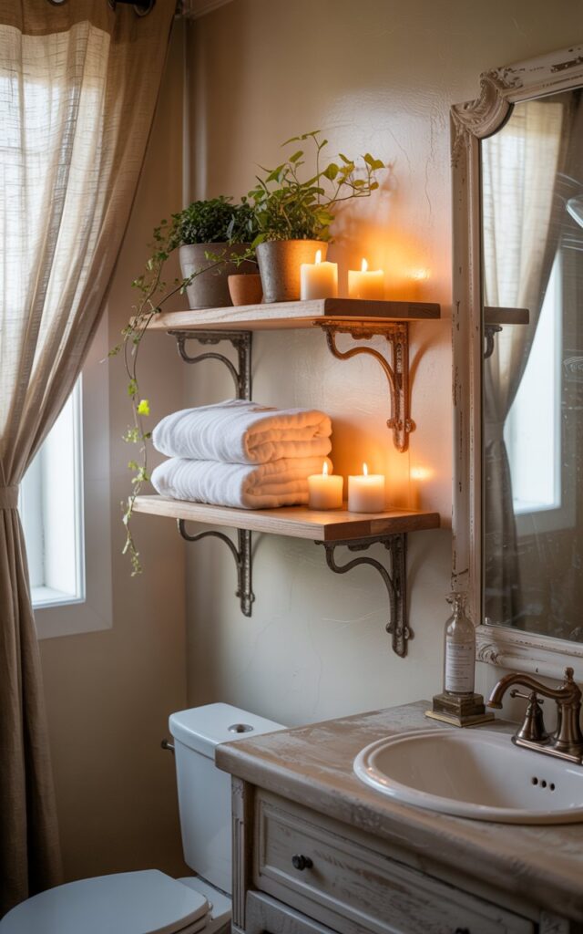A photograph of a cozy French country-style bathroom centered around a floating shelf mounted above a porcelain toilet. The shelf features ornate, vintage iron-finish brackets supporting neatly stacked white linen towels, several small terracotta pots with trailing ivy, and flickering ivory candles, casting a warm glow. Soft natural light streams through a linen curtain draped across a nearby window, illuminating the subtly textured, cream-colored walls and a distressed wooden vanity with a porcelain sink and brushed bronze faucet. A partially visible, glass-enclosed shower area completes the scene, evoking a sense of relaxed elegance.
