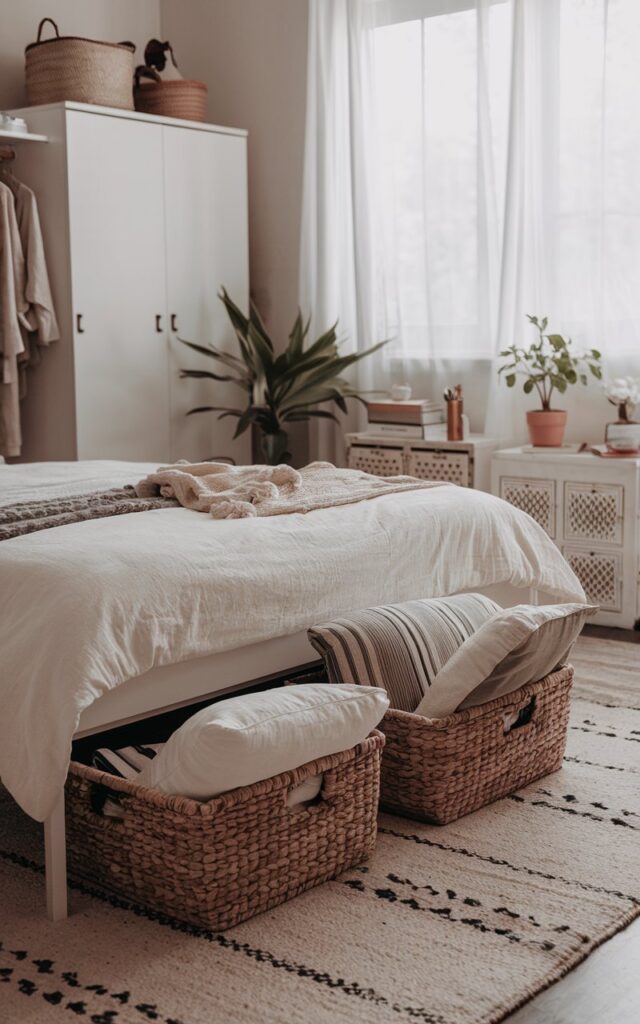 A cozy boho bedroom with a high-profile bed. There are 2-3 woven baskets neatly tucked underneath the bed, storing pillows and sheets. The room has a wardrobe, a rug, a nightstand with essentials, and a potted plant. The room has natural light, which is filtered. The photo shows a close view of the baskets under the bed.