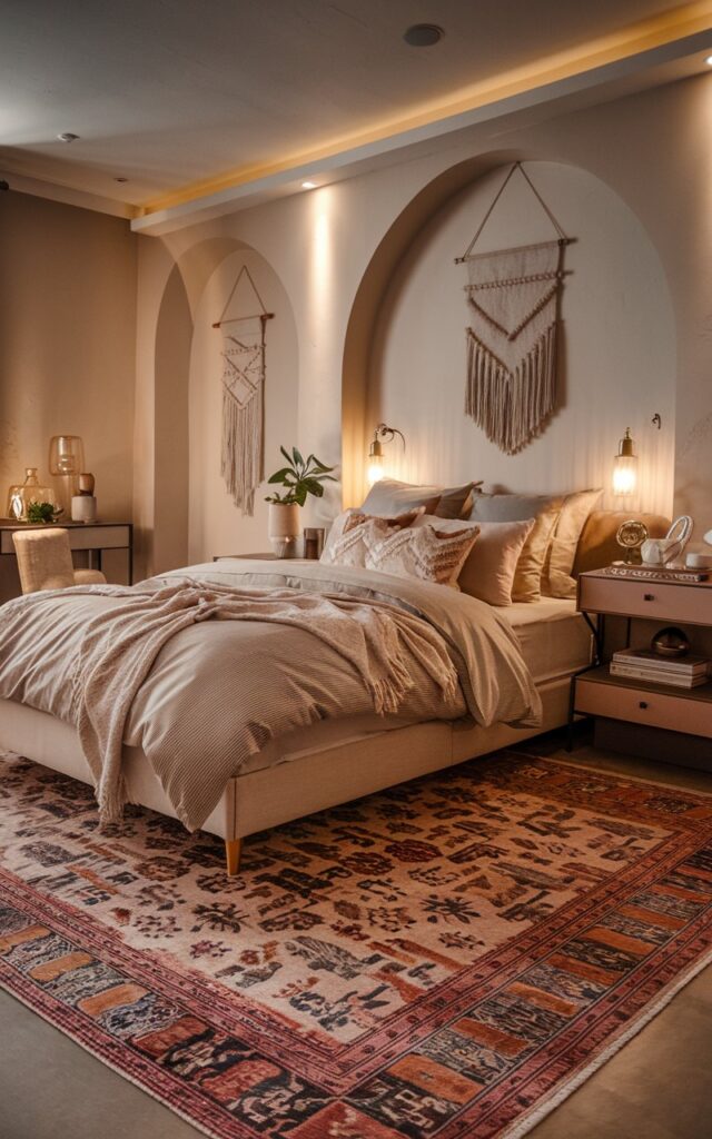A photo of a cozy chic bedroom with a vintage patterned rug placed under the bed. The bed has layered bedding and is positioned against a wall. There is a stylish nightstand beside the bed. The room also contains subtle decorative accents, such as a small plant and a wall hanging. The room is illuminated by warm, ambient lighting. The walls, furniture, and rug have soft neutral tones. The overall atmosphere is inviting and chic.
