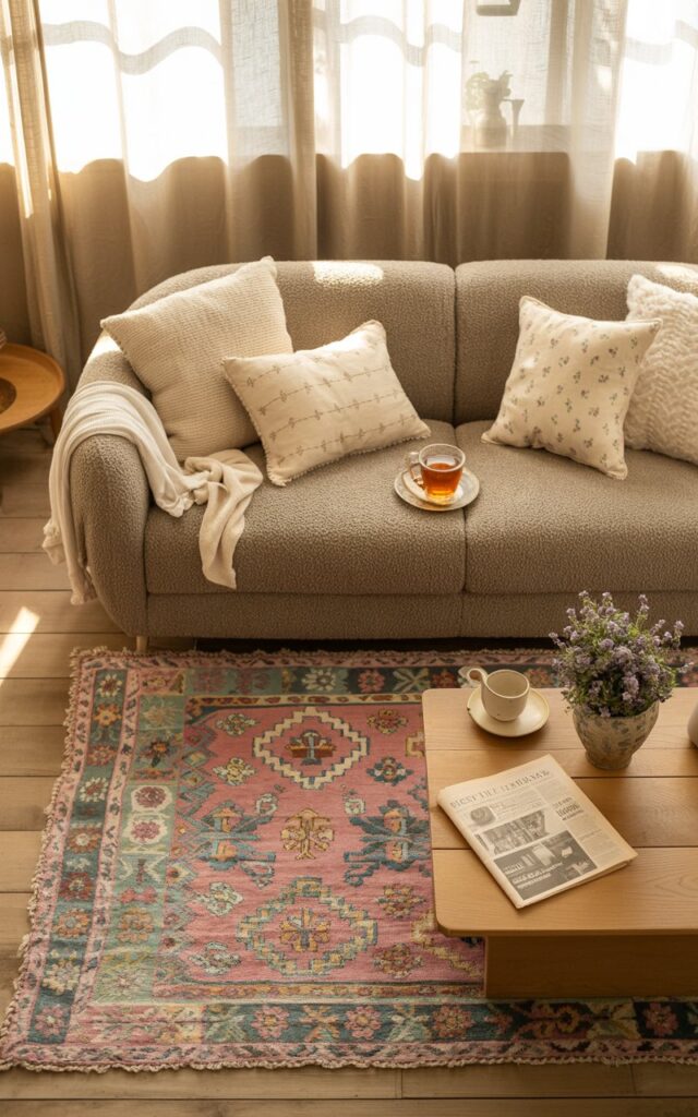 A photograph of a sun-drenched living room embodying a cozy cottagecore aesthetic. A plush, dove-gray sofa sits centered in the room, adorned with several hand-knitted throws and cream-colored cushions patterned with tiny floral prints, a steaming mug of tea resting on its armrest. In front of the sofa, a vibrant Persian rug with a geometric pattern in shades of blush pink, sage green, and ivory anchors the space, complemented by a low wooden coffee table holding a vintage newspaper and a small vase with freshly cut lavender. Soft sunlight streams through linen curtains, illuminating the room and casting gentle shadows across the natural wood flooring and adding to the tranquil, inviting atmosphere.