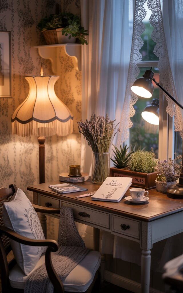 A photograph of a charming cottagecore home office bathed in the soft glow of a late evening. A vintage wooden desk sits near a window draped with delicate lace curtains, holding a half-finished manuscript titled "A Field Guide to Wildflowers" and a steaming cup of herbal tea. A cushioned armchair with a chunky knitted throw rests nearby, positioned beneath a warm, inviting table lamp with a fringed shade. Dried lavender bunches, potted succulents, and floral wallpaper complete the scene, all illuminated by adjustable overhead lights to create a tranquil, inviting atmosphere.