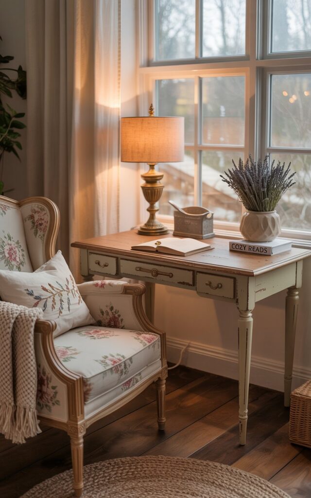 A photograph of a small wooden desk situated near a large window in a cozy cottagecore home office. The desk, with a distressed finish and delicate brass accents, holds a vintage lamp with a fabric shade and a small stack of books with "Cozy Reads" embossed on the spine. A soft, upholstered armchair with floral-patterned cushions and a chunky knit throw sits invitingly nearby, while a woven rug with muted earthy tones warms the wooden floor. Warm, natural light streams through the window, illuminating dried lavender in a ceramic vase and creating a snug, homely atmosphere.