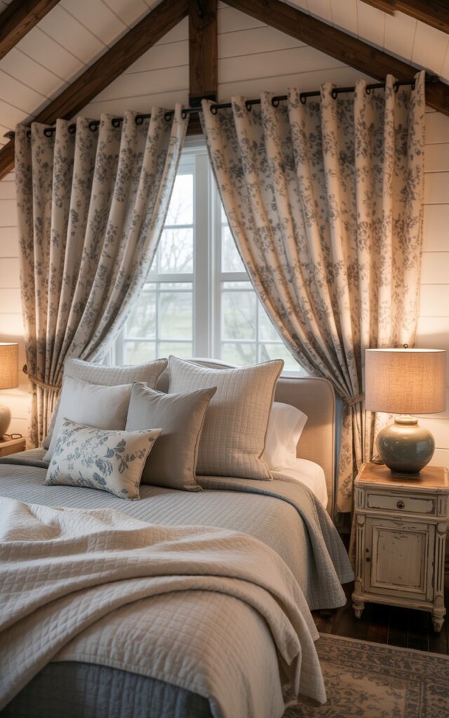 A photograph of a luxuriously made bed in a cozy farmhouse-style bedroom, the focal point of the scene. The bed is draped with layers of cream-colored quilts, soft grey linen, and an assortment of plush pillows, including a few adorned with subtle floral patterns, sitting beneath a vaulted ceiling with exposed wooden beams. Heavy, textured curtains featuring a muted blue and white floral pattern are fully drawn across the window, diffusing the morning light and creating a sense of peaceful seclusion, while a vintage wooden nightstand with a ceramic lamp sits beside the bed, casting a warm, inviting glow. The overall ambiance is refreshed, tranquil, and inviting, completing the serene and restful space.