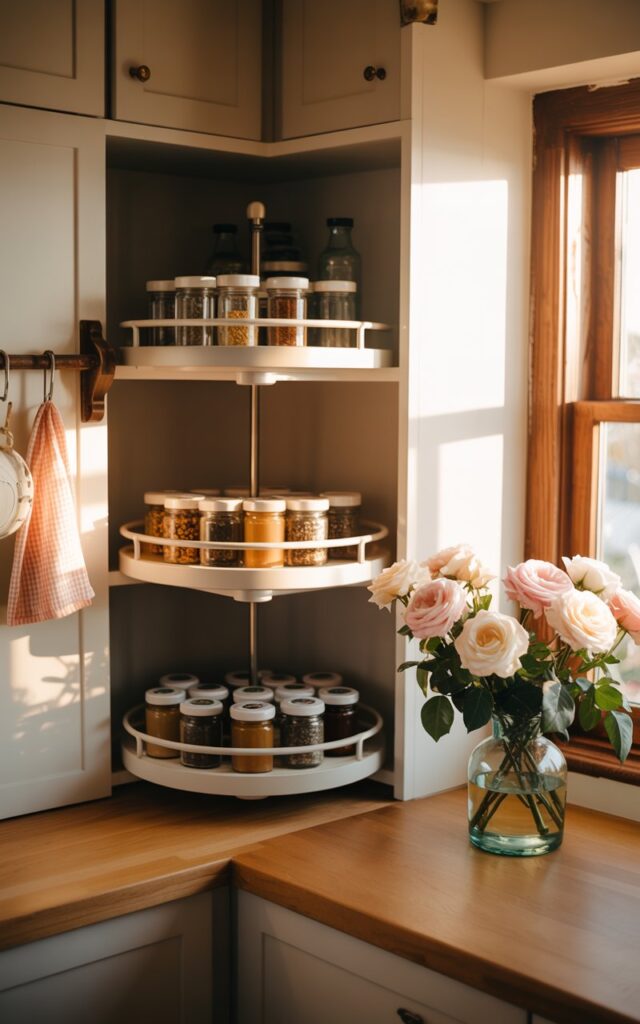 A photograph of a cozy modern cottagecore kitchen showcasing a corner cabinet with a 2-tier Lazy Susan. The open cabinet reveals a meticulously organized collection of glass jars filled with colorful spices and oils, all neatly rotating on the lazy susan. A vase filled with delicate white and blush pink roses sits on the natural wood countertop next to the cabinet, bathed in the soft glow of warm sunlight streaming through a nearby window, enhancing the charming atmosphere. Gingham patterned tea towels hang from a rustic wooden rack, completing the idyllic cottagecore scene.
