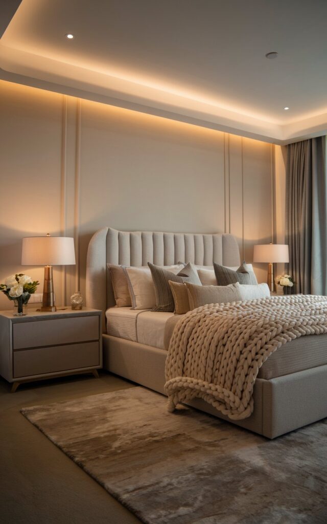 A photo of a cozy, posh modern bedroom with a neutral color palette and warm accents. The room features a sleek upholstered headboard and a stylish nightstand with a lamp. There is a plush rug on the floor and subtle decorative elements throughout the room. The room has ambient soft lighting and a minimalistic yet elegant decor. The bed has soft, chunky knit throws layered at the foot.