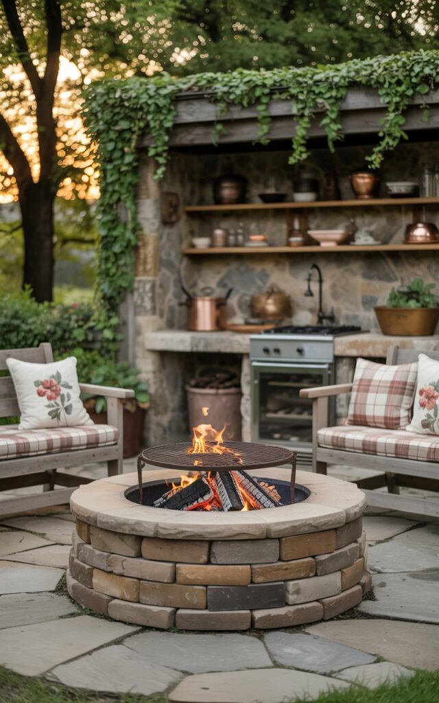 A photograph of a natural stone fire pit as the central focal point of a charming outdoor patio. The circular fire pit is filled with glowing embers and topped with a cast iron grill, surrounded by three rustic wooden benches adorned with cozy plaid and floral cushions. Behind the benches, a weathered farmhouse-style kitchen area features open wooden shelves displaying vintage-inspired copper cookware and ceramic bowls; climbing ivy gently drapes over the stone wall in the background. Soft, golden light filters through the surrounding trees creating a warm and inviting atmosphere.