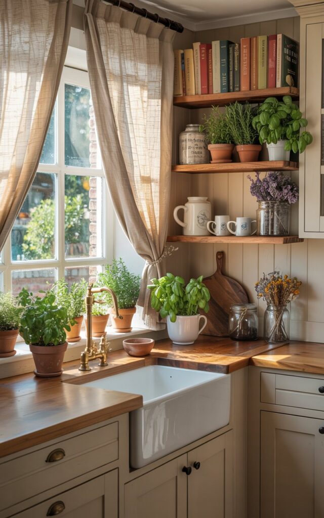 A photograph of a fully furnished farmhouse kitchen radiating warmth and rustic charm. The heart of the kitchen is a farmhouse sink, with a porcelain finish, positioned beneath a window draped with soft linen curtains, revealing a sun-drenched garden. Floating wooden shelves occupy a corner, displaying a curated collection of cookbooks, vibrant potted herbs like rosemary and basil, and vintage ceramic mugs alongside small mason jars filled with dried flowers, while shaker-style cabinetry and wooden countertops complete the cozy, functional space. Soft, natural light illuminates the scene, highlighting the textures of the wood and fabric, creating a welcoming and inviting atmosphere.