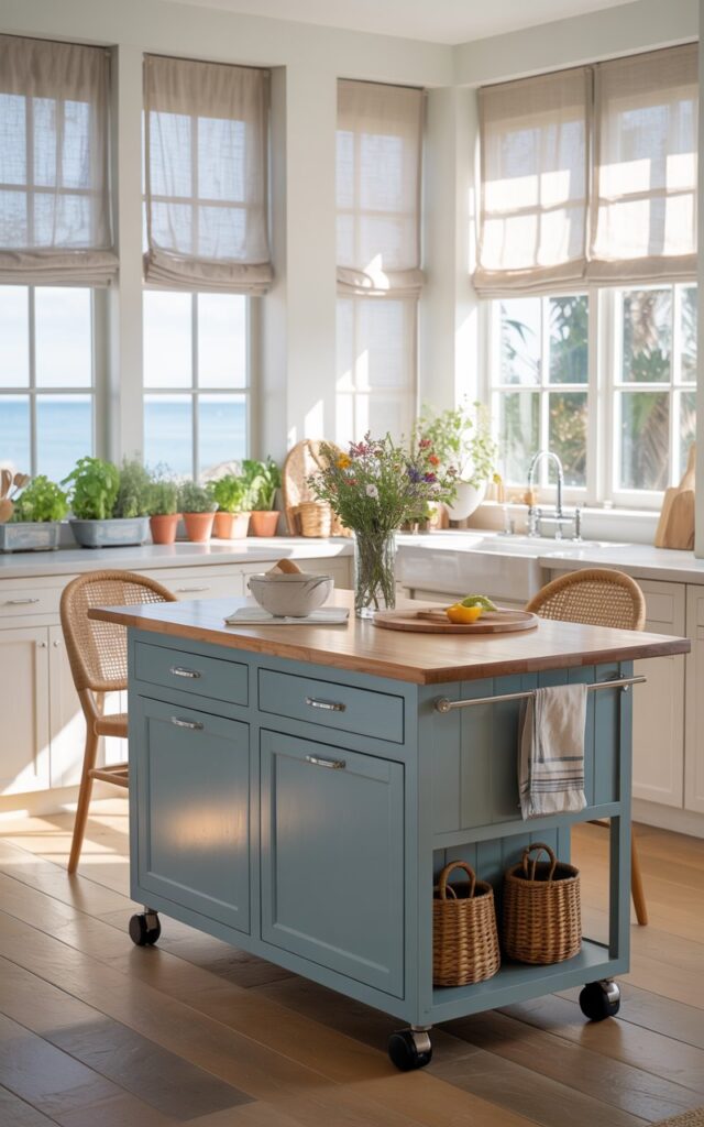 A photograph of a bright and airy California coastal kitchen centered around a rolling island with a warm oak countertop. The island's cabinets are painted a soft ocean blue, featuring sleek hardware and a built-in utensil slot, while a casual breakfast setting is arranged with two woven chairs and a vase holding wildflowers. Large windows with sheer linen curtains flood the room with sunlight, illuminating the light wood flooring, woven baskets, and a collection of potted herbs along the windowsill. The scene conveys a sense of relaxed functionality with soft, diffused light and a gentle coastal breeze.