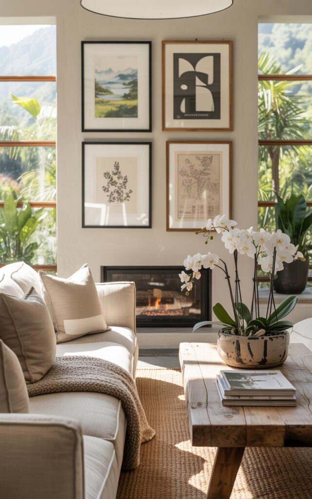 A photograph of a sun-drenched living room showcasing the seamless blend of Alpine chic and California coastal styles. A plush, neutral-toned sofa dominates the foreground, adorned with linen cushions and a chunky knit throw, while a low, rustic coffee table sits before it displaying a stack of design magazines and a ceramic vase filled with white orchids. The walls feature a curated gallery of four framed artworks—a watercolor landscape, a black and white abstract print, a botanical illustration, and a vintage map—arranged at eye level, complemented by large windows revealing a glimpse of lush greenery outside, illuminated by soft, natural light. A minimalist fireplace and strategically placed indoor plants add warmth and life to the harmonious, functional space.