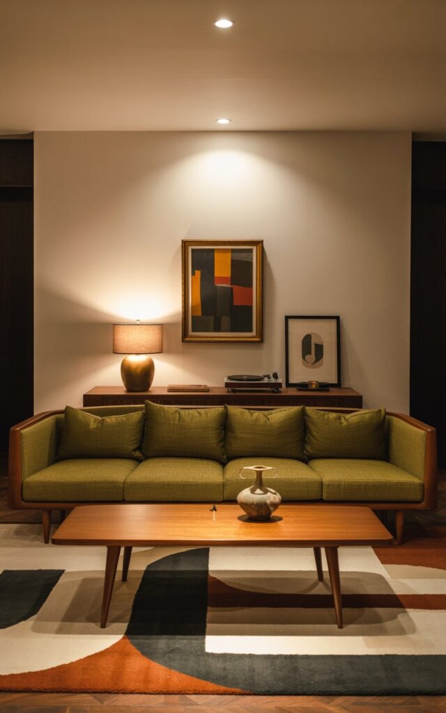 A photograph of a meticulously designed mid-century modern living room centered around a low-profile sofa upholstered in a muted olive green fabric. The sofa sits atop a geometric patterned rug in shades of cream, charcoal, and burnt orange, facing a sleek wooden coffee table with tapered legs displaying a single vintage ceramic vase. A warm table lamp with a drum shade casts a soft glow on the scene while a spotlight illuminates a framed abstract painting featuring bold geometric shapes on the wall above the sofa, all illuminated by the ambient glow of a recessed ceiling LED. The room includes a dark wood console table with a vintage record player and minimalist artwork.