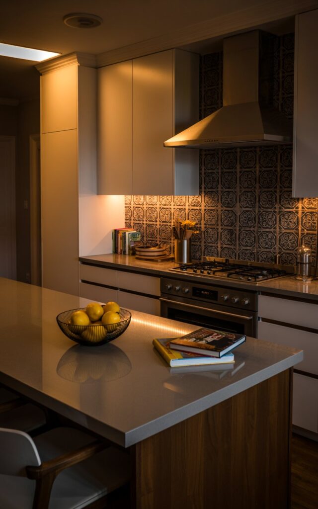 A photograph of a transitional kitchen bathed in the soft glow of a night scene, featuring a spacious island as the central focus. The island countertop is crafted from light gray quartz, reflecting the warm light from the embedded LED strip lights below, and it displays a few scattered cookbooks and a bowl of vibrant lemons. Sleek, handleless white cabinetry contrasts with a traditional backsplash of intricately patterned dark blue tiles, and a stainless steel range hood hangs above a gas cooktop. The space is finished with warm wood flooring, soft shadows and ambient lighting contributing to the cozy atmosphere.