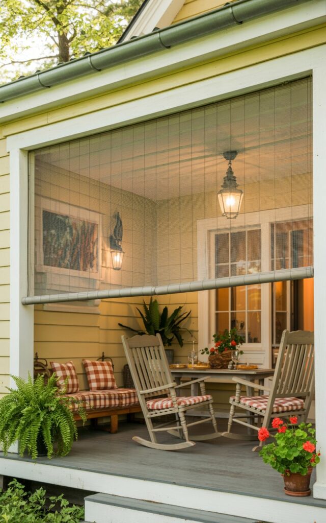A photograph showcases a charming Americana-style outdoor patio seamlessly attached to a cozy, light-yellow home. A partially extended retractable insect screen, a light gray mesh, blends discreetly into the white trim of the patio, allowing gentle sunlight to filter through and illuminating two classic wooden rocking chairs positioned near a rustic dining table set for a casual meal. Vintage lanterns cast a warm glow on plaid cushions arranged in a comfortable lounge corner, while potted ferns and geraniums add pops of red and green to the scene, evoking a sense of welcoming tranquility. Soft, diffused sunlight illuminates the entire patio, enhancing the traditional Americana décor and creating a practical and inviting outdoor living space.