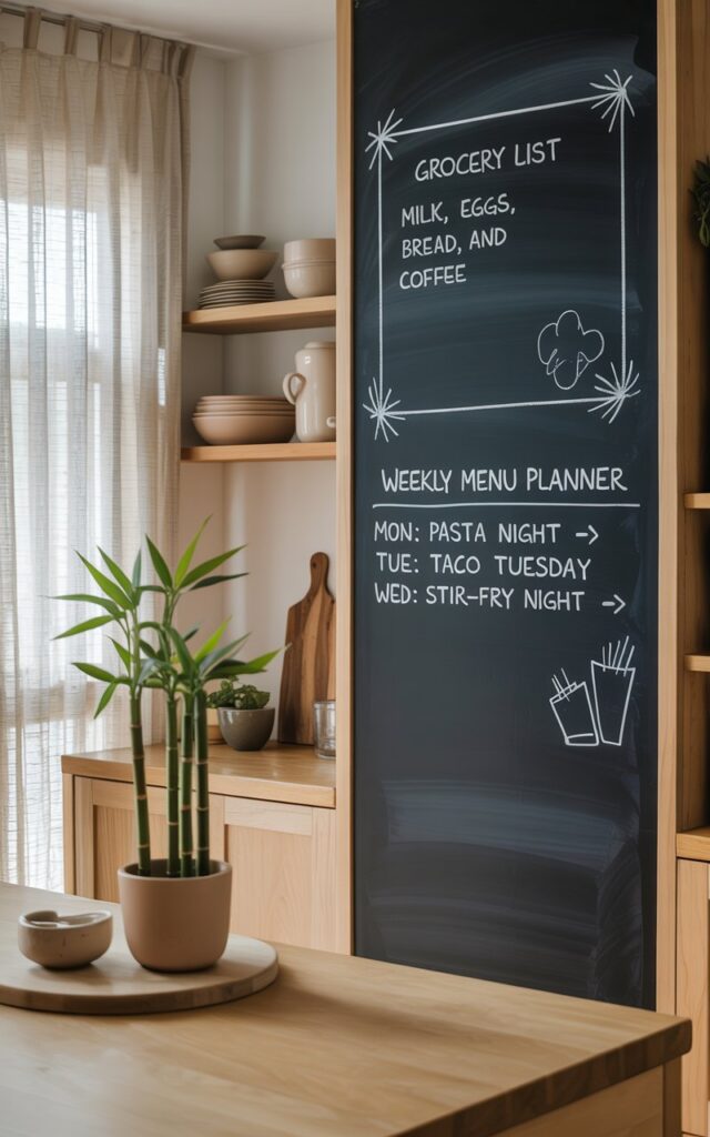 A photograph of a bright and airy kitchen designed in a blend of Asia Zen and Japandi styles. The focal point is a sleek chalkboard wall, neatly divided into two sections: one displaying a grocery list with "milk, eggs, bread, and coffee" written in minimalist handwriting, and the other featuring a "weekly menu planner - Mon: Pasta Night 🍝 Tue: Taco Tuesday 🌮 Wed: Stir-Fry Night 🥦" also penned with simple doodles. Natural wood tones dominate the kitchen, complemented by open shelving displaying ceramic tableware and subtle potted bamboo plants resting on a warm wooden countertop. Soft, diffused natural light filters through sheer linen curtains, highlighting the calm, functional, and organized space.