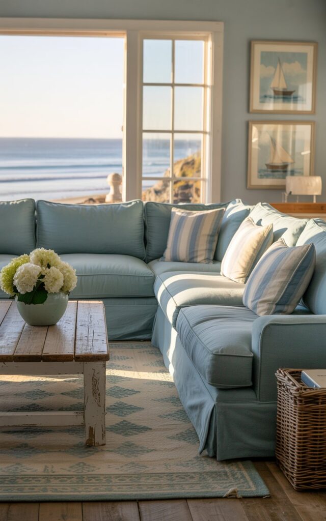 A photograph of a sun-drenched California coastal living room centered around a plush, oversized sectional sofa upholstered in a soft, muted sky blue. The sofa faces a large window overlooking the ocean, where a single ceramic vase filled with white hydrangeas sits on a weathered wooden coffee table. The room is anchored by a patterned jute rug in shades of cream and light blue, with Americana-style striped throw pillows casually arranged on the sofa, bathed in the warm glow of the afternoon sun. Subtle coastal artwork depicting sailboats hangs on the pale blue walls, complemented by natural wood furniture and woven baskets, creating a harmonious and inviting space.