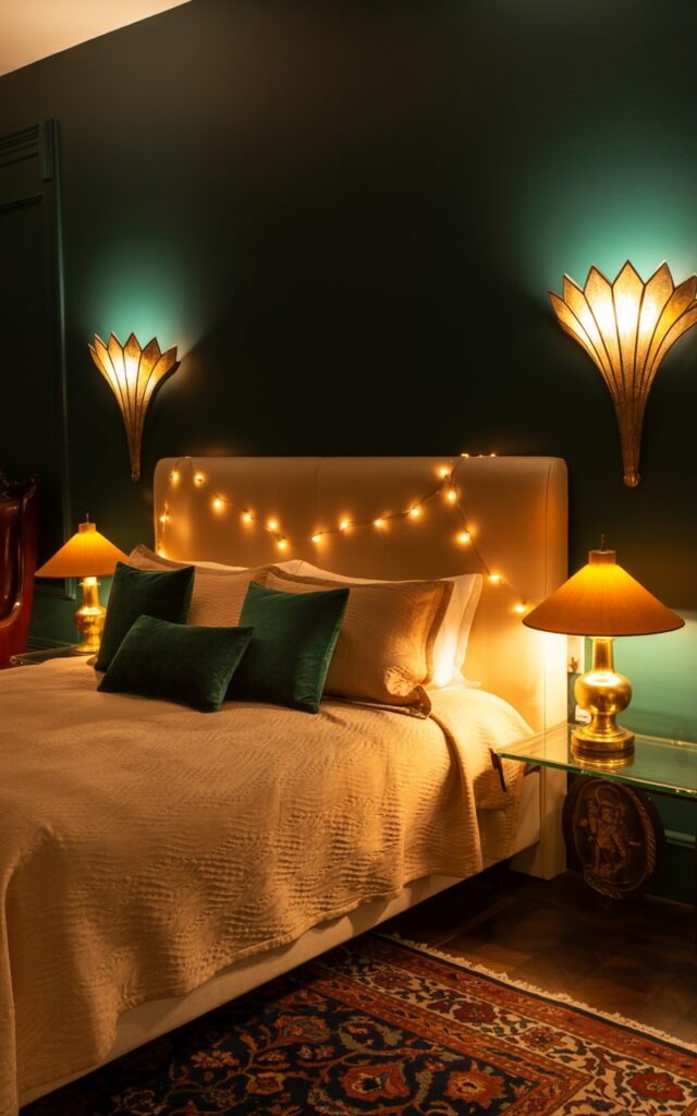 A photograph of a luxurious art deco bedroom bathed in layered, ambient light at night. A king-sized bed with a plush cream-colored headboard and textured linen bedding dominates the space, accented with scattered velvet pillows in deep emerald green. Two hand-painted wall sconces cast a golden glow on either side of the bed, complemented by a table lamp with a warm amber bulb on a small nightstand, and amber-hued string lights subtly illuminating the headboard. The room features dark wood furniture, a patterned Persian rug, and elegant accessories, all contributing to a refreshed, warm, and stylish nighttime atmosphere with no natural light present.