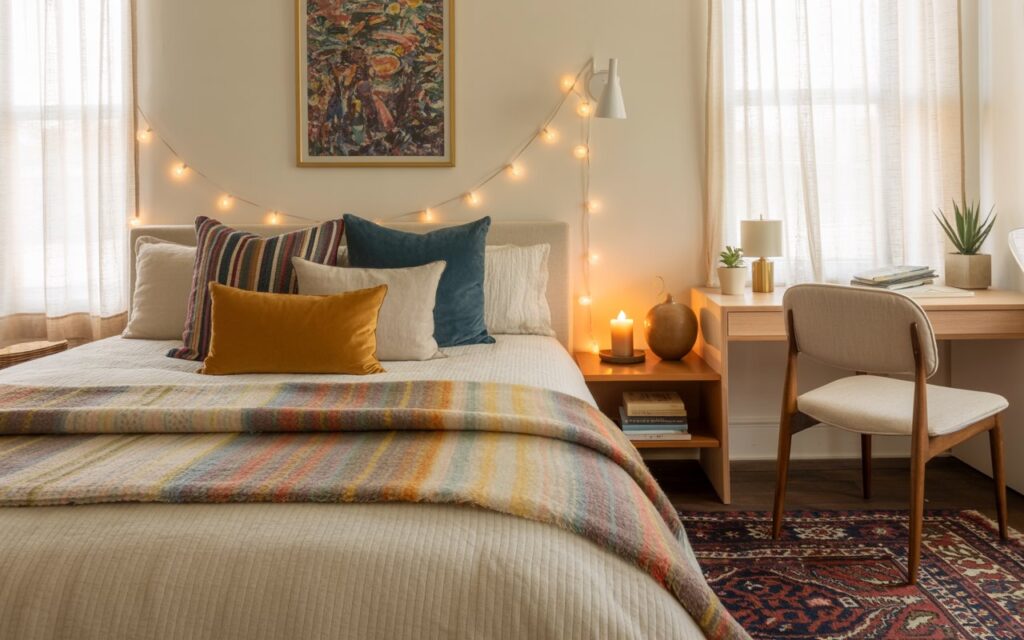 A photograph of a cozy mid-century modern bedroom within a charmingly furnished farmhouse. The room's focal point is a plush bed layered with soft, cream-colored linens, a patterned throw blanket featuring muted earthy tones, and an assortment of colorful cushions arranged invitingly. Above the bed hangs a vibrant abstract artwork, while warm string lights are gently draped across the wall beside a wall sconce, illuminating a bedside table holding a lit candle, a ceramic diffuser, a stack of well-loved books, and a small potted succulent. Soft natural light filters through light-filtering curtains, illuminating a Persian rug and minimalist desk with a comfortable chair, creating a refreshed and stylish atmosphere.