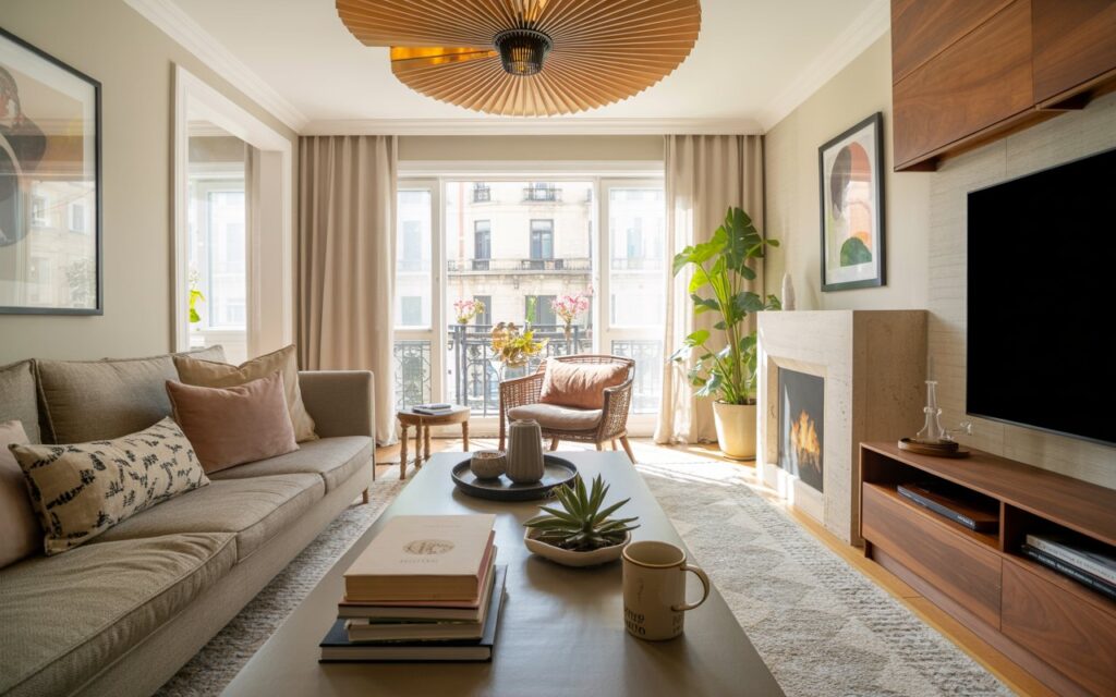A photograph of a brightly lit, fully furnished living room showcasing a sophisticated blend of European, Boho, and mid-century modern design. A plush, dove-grey sofa with a mix of linen and velvet cushions sits centered in the frame, facing a low coffee table displaying a stack of art books, a steaming ceramic mug, and a small succulent. Above the sofa, a statement chandelier with integrated fan blades hangs from the ceiling, casting a warm glow on the textured ivory rug and the sleek, walnut TV unit integrated with a modern fireplace, complemented by strategically placed indoor plants and abstract framed wall art. Large windows draped with soft, beige curtains allow natural light to flood the space, highlighting the wood and metal accents and creating an inviting and stylish atmosphere.