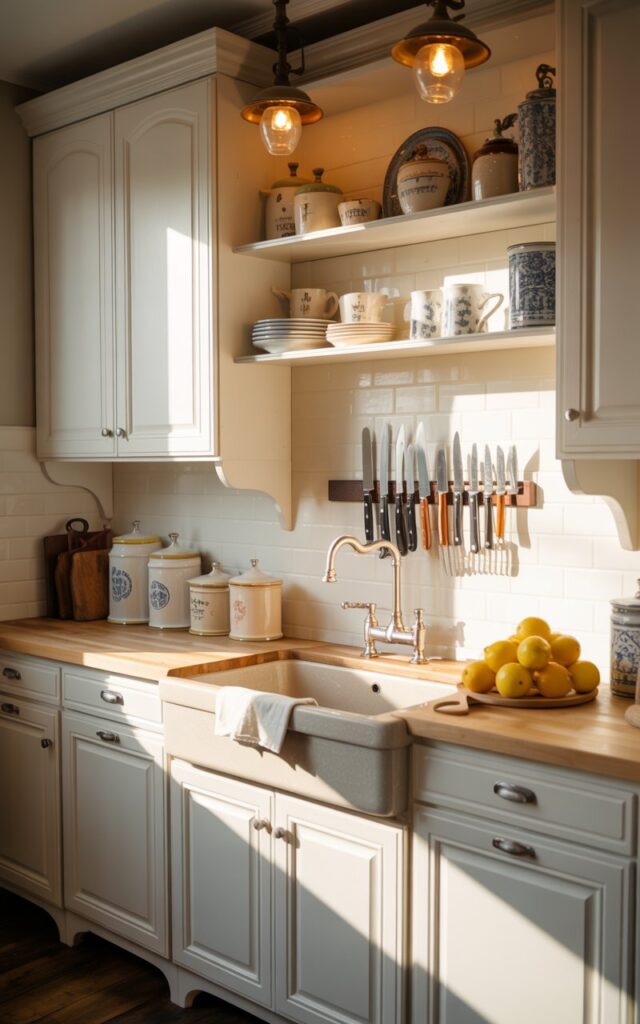 A photograph of a modern Americana kitchen bathed in the soft glow of a late afternoon sun. The focal point is a farmhouse sink, showcasing its creamy white porcelain and brushed nickel faucet, with a pile of freshly washed lemons next to it. Crisp white shaker cabinets with brushed brass hardware surround the sink, complemented by a butcher block countertop displaying a collection of vintage-inspired ceramic canisters, and a magnetic knife strip holding gleaming knives neatly. Open shelves behind the sink are styled with a mix of white and blue patterned dishware, illuminated by warm light from two vintage-style pendant lights hanging above.