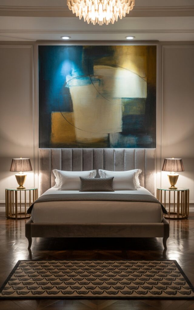 A photograph of a luxurious king-sized bed with a plush velvet headboard centered in a modern art deco bedroom. The headboard is adorned with a large, rectangular abstract painting featuring swirling shapes in deep blues, golds, and creams, dramatically lit by recessed lighting above. Gleaming geometric side tables with brass accents flank the bed, each holding a vintage-style lamp with a fabric shade, while a patterned rug with a repeating fan motif covers the polished hardwood floor. Soft, ambient light from a crystal chandelier overhead illuminates the room, creating an atmosphere of sophisticated calm.