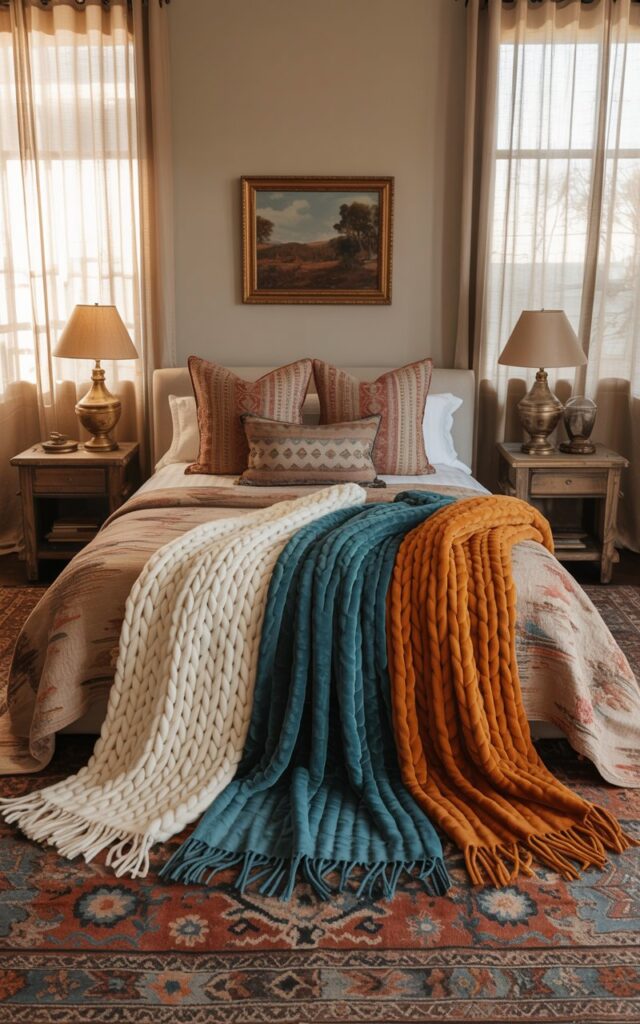 A photograph of a cozy southwestern-style bedroom centered on a luxurious bed draped with layered throw blankets. Three throws—a chunky cream knit, a deep turquoise velvet, and a burnt orange wool—are artfully arranged at the foot of the bed, contrasting in texture and color. The bed features patterned pillows and sits between two rustic wooden nightstands holding vintage lamps, while a patterned rug and a wall adorned with a landscape painting complete the scene. Soft, diffused light streams through sheer curtains, creating a warm and inviting ambiance within the elegantly furnished room.