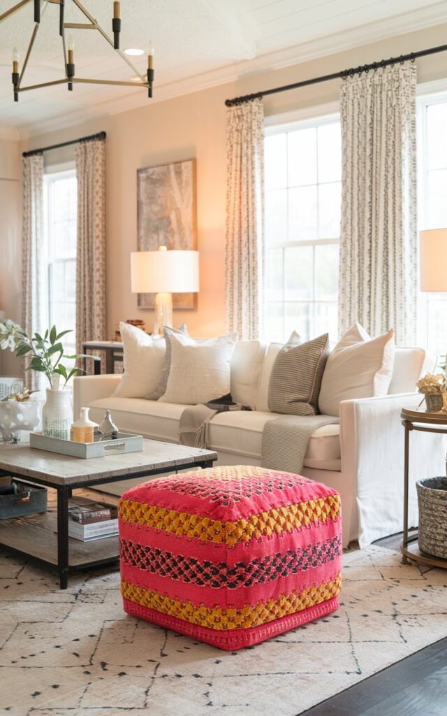 A photo of a glam + modern farmhouse living room with a patterned bright ottoman placed in front of the sofa, serving as flexible seating or a footrest. The ottoman adds a vibrant pop of color and texture against the neutral farmhouse palette. The room includes a cozy sofa with layered cushions, a rustic wooden coffee table with essentials, metallic glam accents, a textured rug, and warm ambient lighting. The mix of rustic charm and glamorous touches creates a refreshed, stylish, and inviting atmosphere.