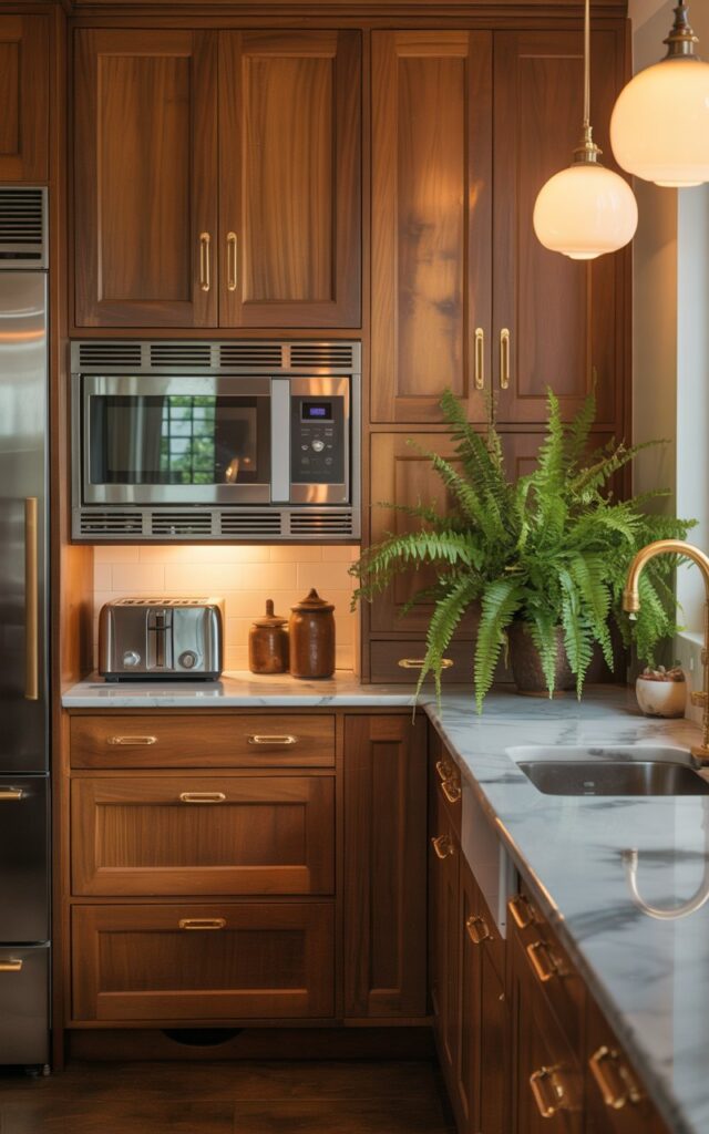 A photograph of a meticulously designed vintage kitchen showcasing a section of built-in cabinetry seamlessly integrating modern appliances. The warm, rich wood cabinetry features brushed gold handles and discreetly conceals a stainless steel toaster and microwave, perfectly blending form and function. A marble countertop stretches across the scene, reflecting the soft glow of elegant pendant lighting above, complemented by strategically placed ceramic jars and a vibrant potted fern. The overall scene is bathed in warm natural light, creating an inviting atmosphere with a sense of timeless luxury.