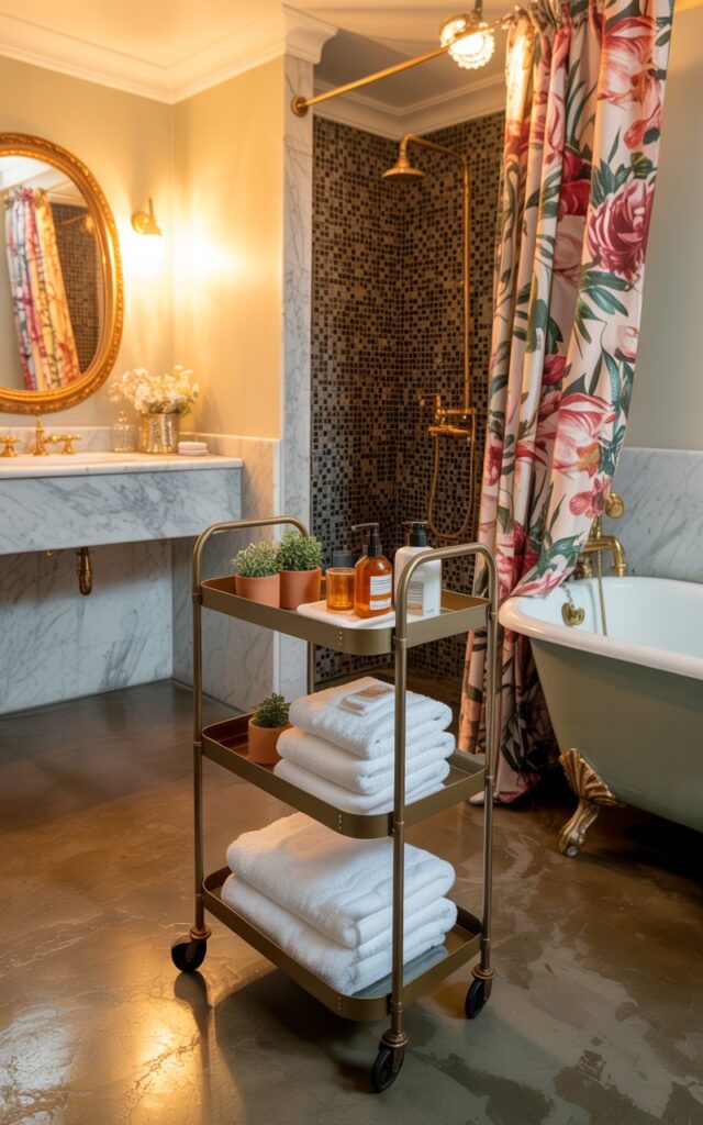 A photograph of a maximalist bathroom centered around a slim, metallic rolling trolley brimming with neatly folded white towels, amber-colored soaps, and small terracotta potted plants. The trolley sits on polished concrete flooring next to a vintage clawfoot bathtub with a floral shower curtain. The bathroom boasts a marble vanity with a brass mirror, a mosaic-tiled shower, and layered patterned wallpaper, all illuminated by the warm glow of a vintage chandelier overhead.