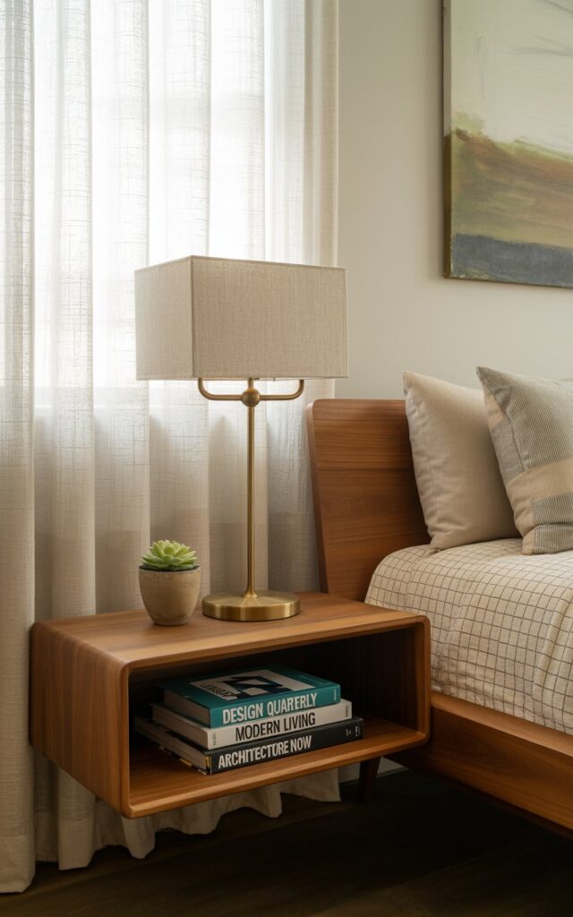 A photograph of a mid-century modern bedroom featuring a floating bedside table in warm walnut wood mounted beside a low-slung platform bed. The table holds a minimalist brass lamp with a linen shade, a small succulent in a ceramic pot, and a stack of three books titled "Design Quarterly" "Modern Living" and "Architecture Now". The room is bathed in soft, diffused light filtering through sheer linen curtains, highlighting the clean lines of the furniture and the geometric pattern of the layered bedding. A single abstract painting in muted earth tones hangs on the wall, completing the refreshed and stylish atmosphere.