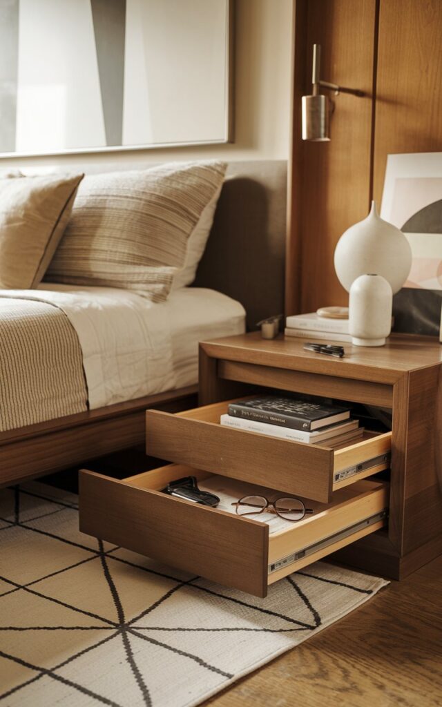 A photo of a mid-century modern bedroom with a sleek nightstand with drawers, serving as dual-purpose furniture for storing essentials. The nightstand contains books, a charger, and glasses. The room features a low-profile bed with clean lines, textured bedding, and minimalistic decor. Warm wood tones, a geometric rug, and subtle accent pieces complete the stylish, functional, and organized space. The room has a warm, inviting ambiance.