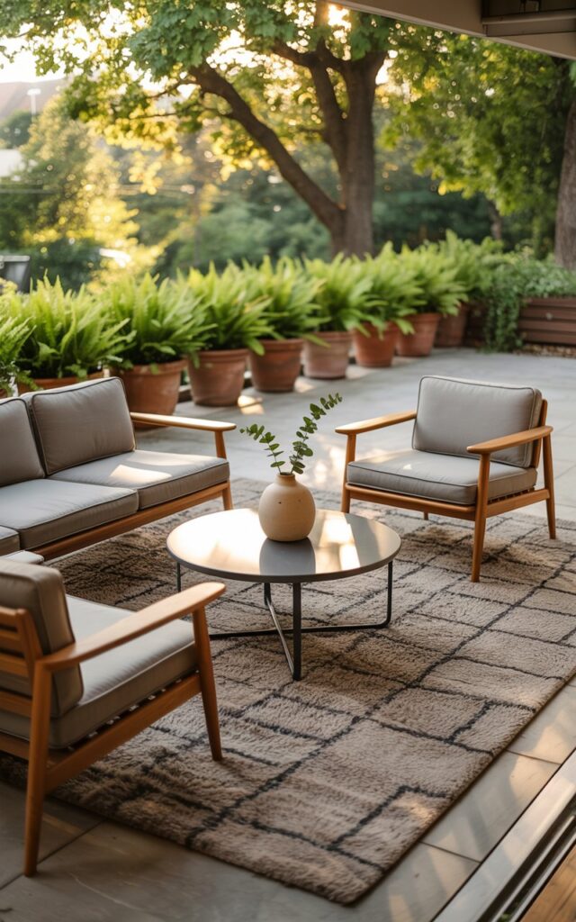 A photograph of a mid-century modern patio featuring a plush, geometric-patterned weatherproof rug defining a comfortable seating area. A low-profile wooden lounge sofa and two matching armchairs with clean lines are arranged around a minimalist circular coffee table, adorned with a single ceramic vase holding a sprig of eucalyptus. Warm sunlight filters through the canopy of a mature maple tree, dappling the patio in a soft glow and highlighting the natural wood and brushed metal accents.  A row of terracotta pots containing vibrant green ferns line the perimeter of the patio, creating a sense of tranquility and reinforcing the retro-modern aesthetic.