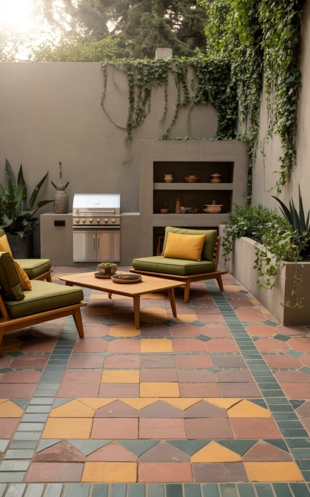 A photograph of a mid-century modern outdoor patio with a striking focus on the paver flooring, showcasing bold Moroccan-inspired geometric patterns in muted terracotta, ochre, and teal tones. Low wooden lounge chairs with cushions in mustard yellow and olive green surround a minimalist teak coffee table, complemented by clean-lined planters overflowing with cascading ivy. A sleek, modern outdoor cooking area with a stainless-steel grill, built-in oven, and open shelves filled with pottery sits against a textured concrete wall, bathed in the warm, diffused light of a late afternoon sun. The overall scene evokes a sense of serene elegance and relaxed outdoor living.
