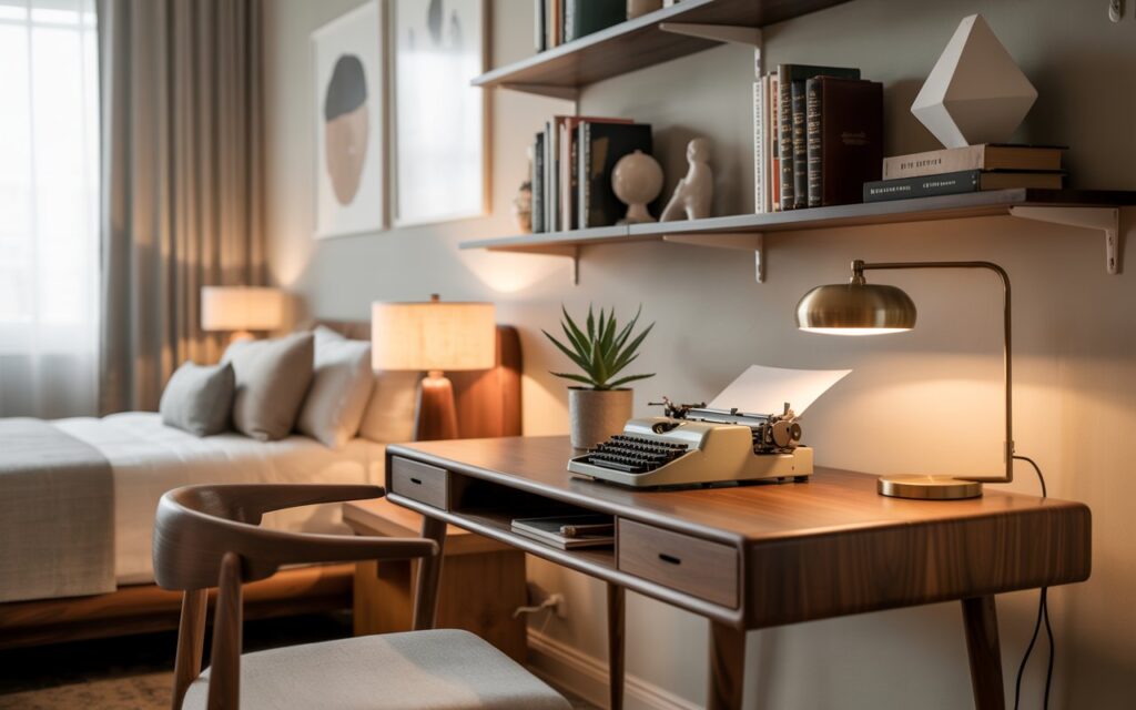 A mid-century modern style home office set inside a bedroom, fully furnished with essentials and stylish decor. A sleek walnut desk with tapered legs pairs with a comfortable ergonomic chair, creating a clutter-free and charming workspace. Floating shelves display neatly arranged books and minimal accessories, while a statement desk lamp adds both function and design. The bedroom backdrop includes a low platform bed, soft neutral textiles, and abstract wall art. Natural light streams through sheer curtains, highlighting the warm wood tones, clean lines, and inviting atmosphere of this organized, inspiring home office nook. Show full wide angle view of the room and the workspace.