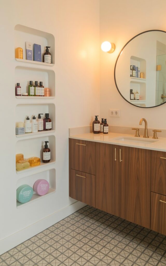 A photograph of a bright, airy mid-century modern bathroom showcasing a vanity with warm walnut wood and a sleek white countertop. Nestled into the wall beside the vanity are recessed pocket shelves filled with neatly arranged shampoos, lotions, and colorful bath bombs—a few “Lavender Fields” bath bombs are visible in the front. The bathroom features brushed gold fixtures, soft ambient lighting, and a round mirror with a thin black frame above the vanity, all contributing to a clean and organized, yet chic aesthetic. A patterned geometric tile floor extends throughout the room, adding visual interest and completing the transitional design.