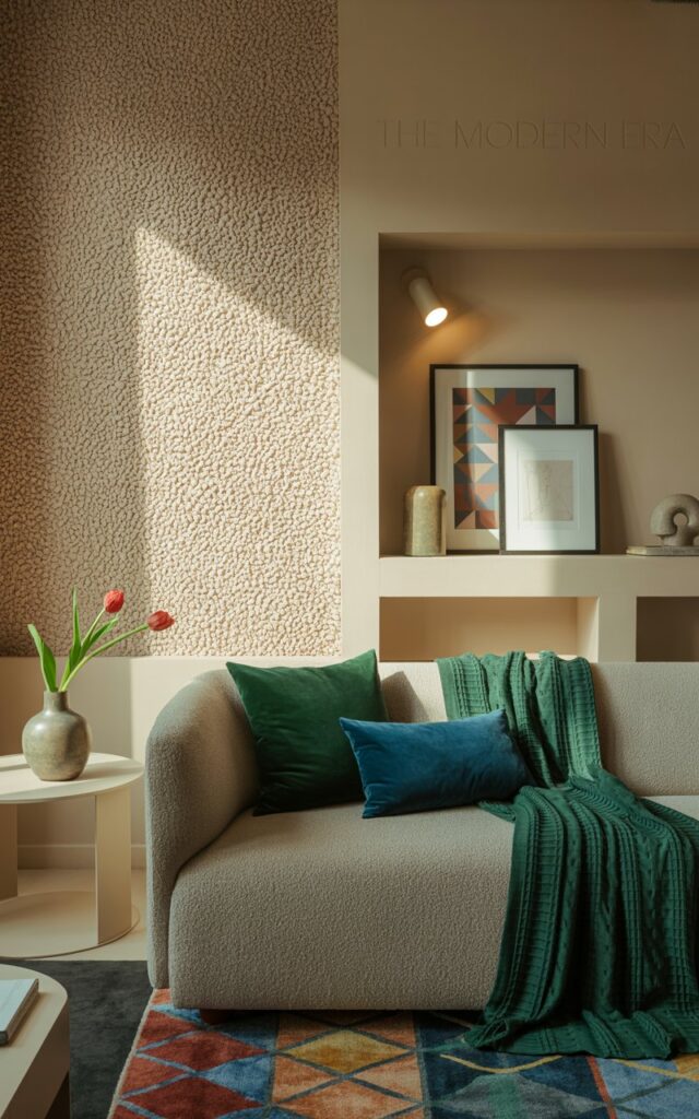 A photograph of a stylish art deco living room bathed in soft morning light, featuring a textured beige popcorn accent wall. A plush, dove-gray sofa anchors the seating area, adorned with deep emerald green and sapphire blue throw pillows and a matching knitted blanket, with a single red tulip in a ceramic vase resting on a nearby side table. Geometric patterns from a vibrant rug and framed artwork pop against the neutral tones, complemented by open shelving displaying curated decorative objects; a single spotlight illuminates "THE MODERN ERA" subtly etched into the wall above the shelving unit. The scene evokes a sense of tranquility and sophisticated design.